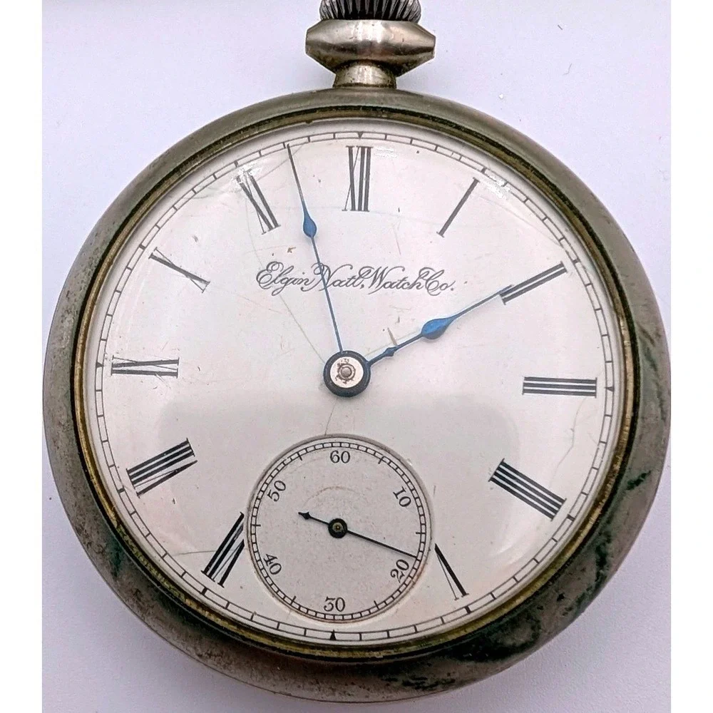 Antique Elgin National Watch Co Pocket Watch Roman Numeral Sub Dial Silver Tone